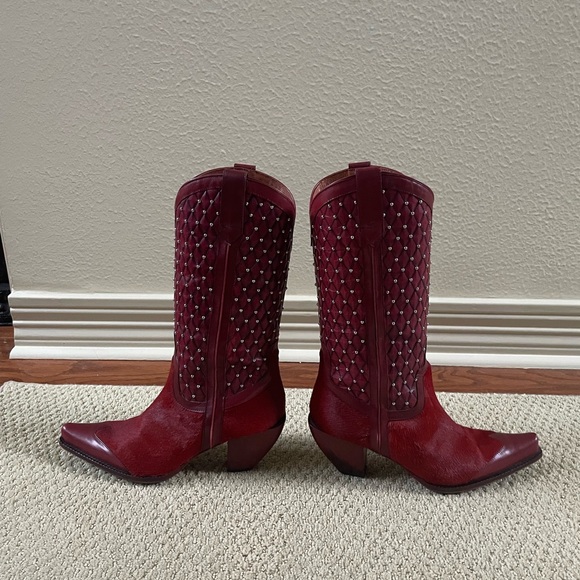 RARE Donald Pliner Ruby Red Hair On Hide Western Boots (8) - Picture 10 of 14